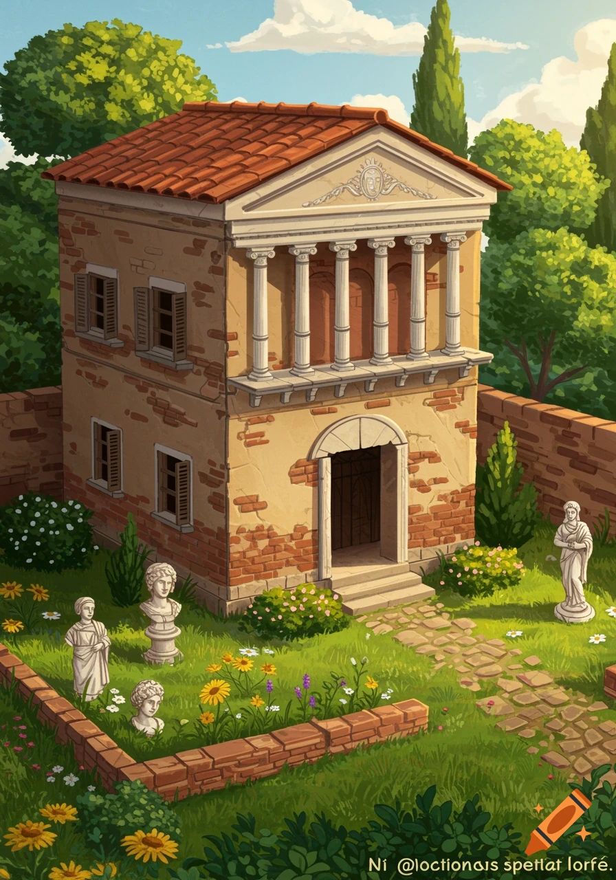 An illustration of a miniature Roman villa and garden with statues and flowers under a blue sky.