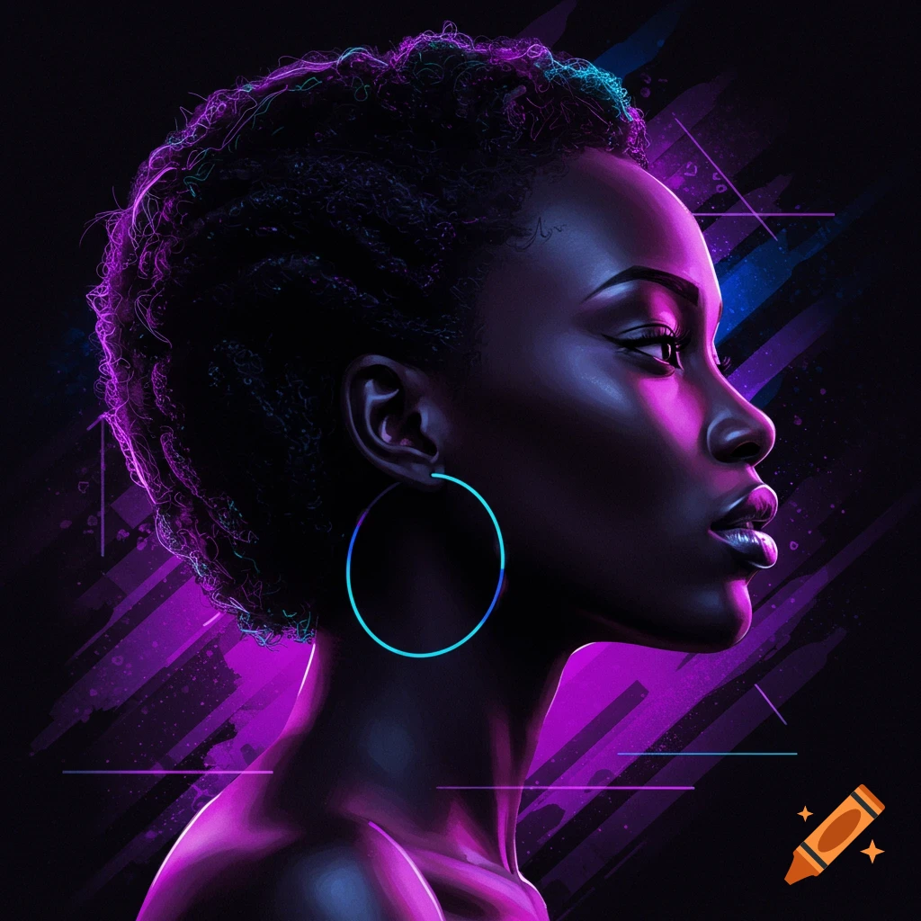 A profile portrait of a woman under neon purple and blue lights with abstract background elements.