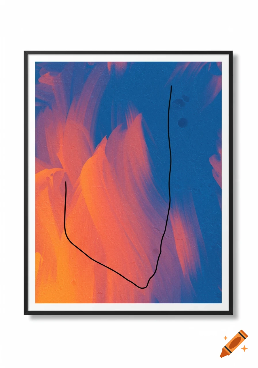Abstract art with orange, red, and blue brushstrokes and a black outline