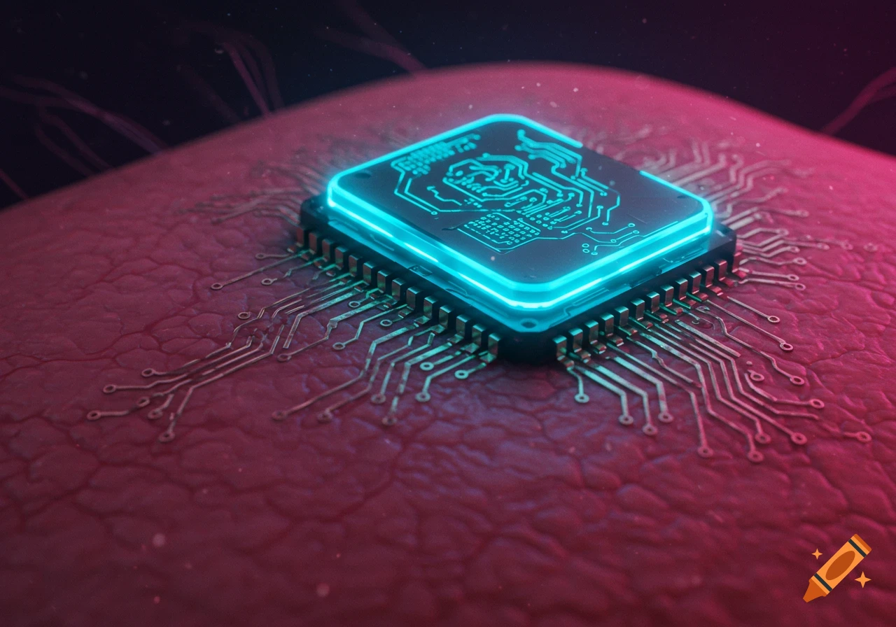 A glowing blue microchip embedded in human skin with connecting circuitry.