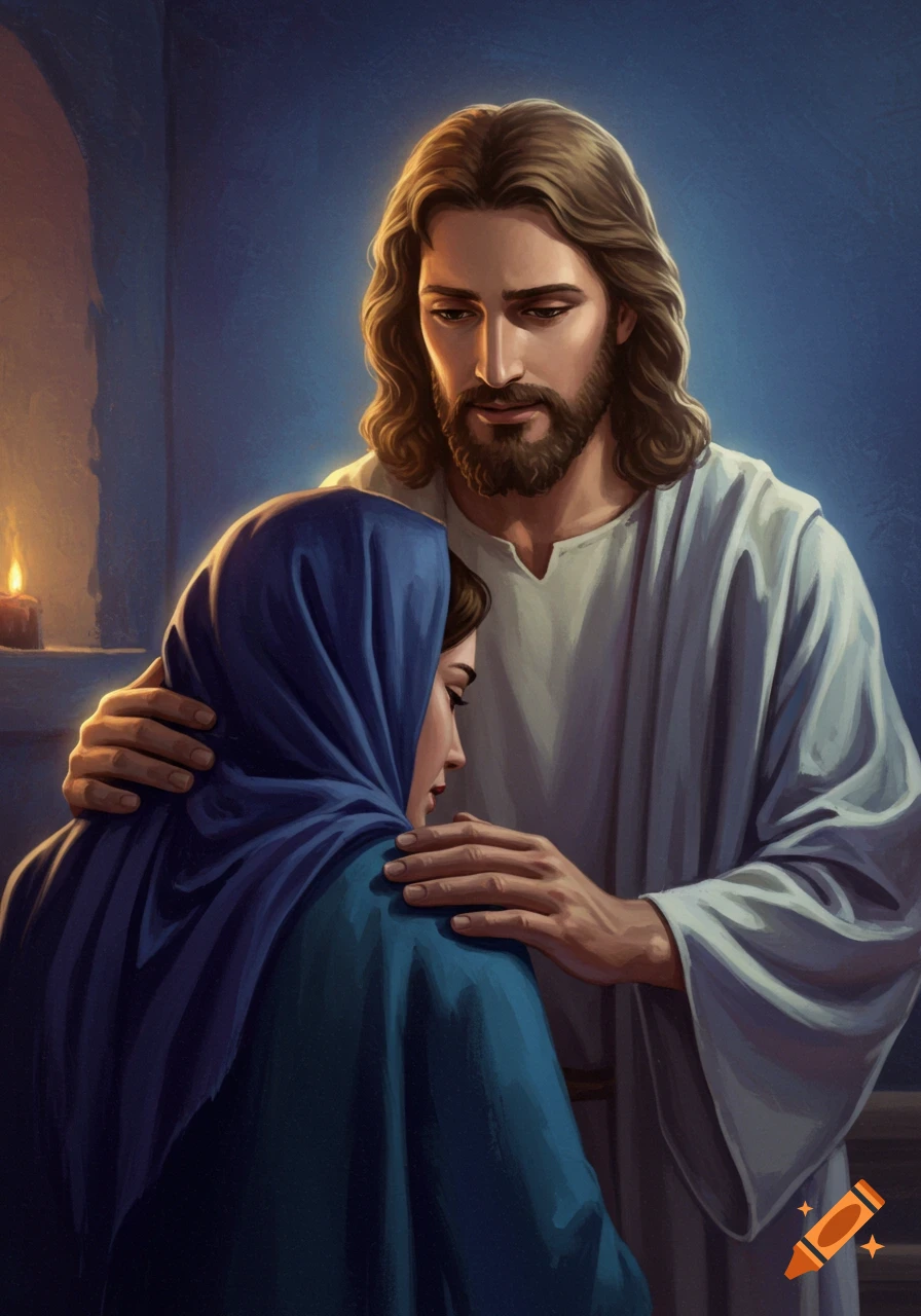 Jesus comforting a woman in a blue head covering.