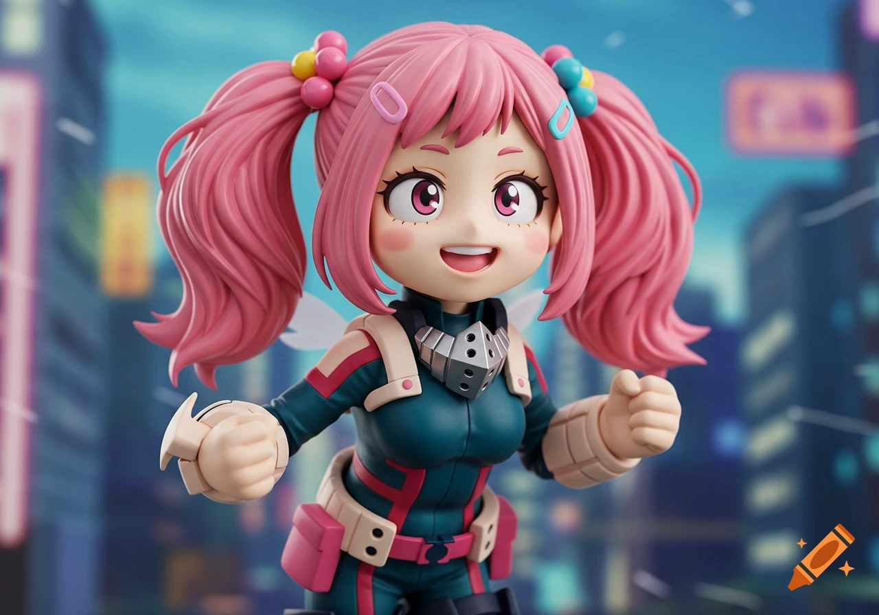 Cute anime girl figurine with pink pigtails and a hero costume, standing in front of a blurry city background.