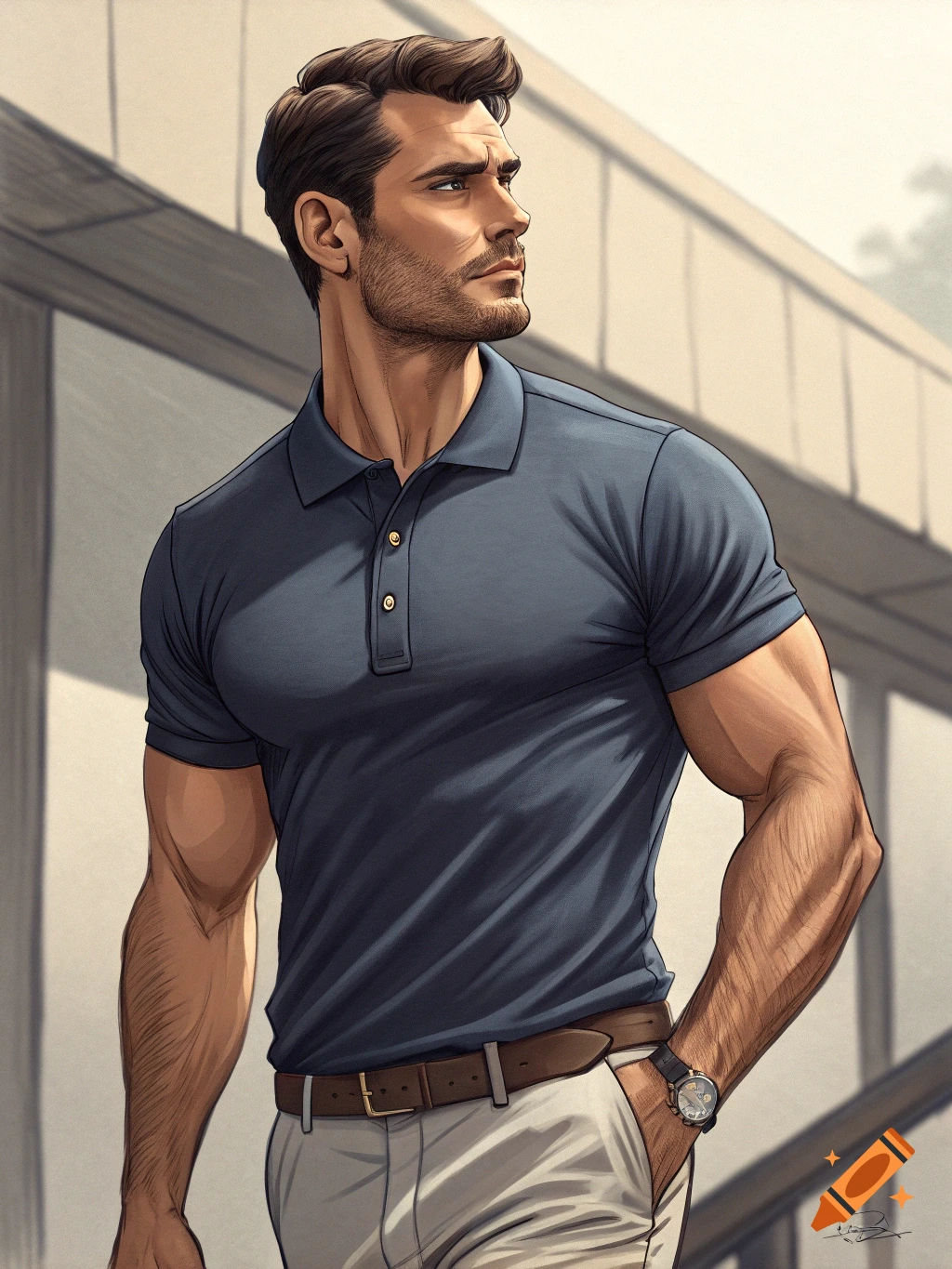 Stylized illustration of a muscular man in a blue polo shirt standing outside.
