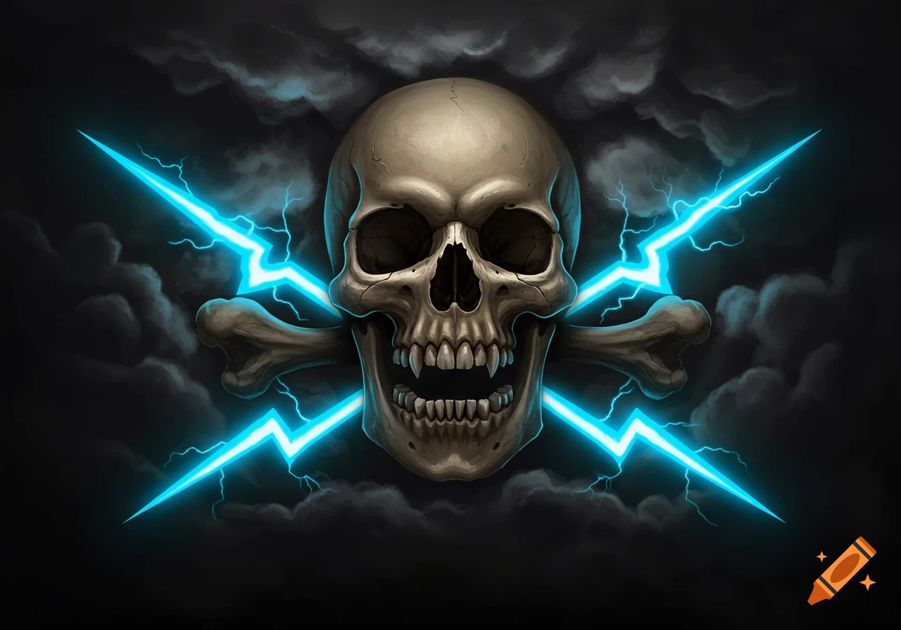 A skull with blue lightning bolts as crossbones against dark thunderclouds.