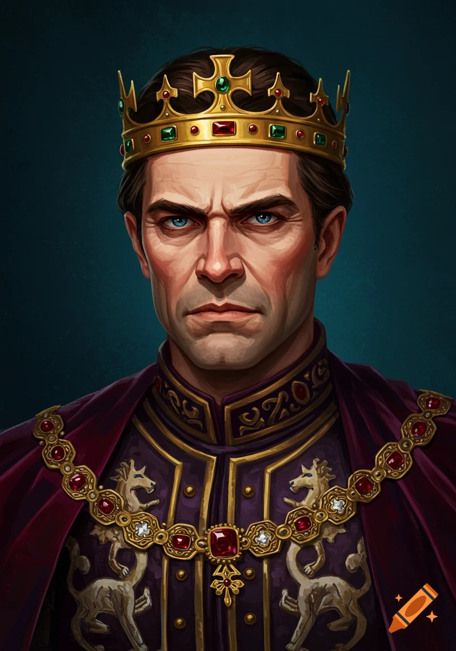 Headshot of a king wearing a crown and regal purple and gold attire.