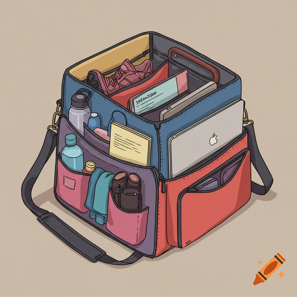 A digital illustration of an open shoulder bag packed with items like a laptop, sneakers, water bottles, goggles, and papers.