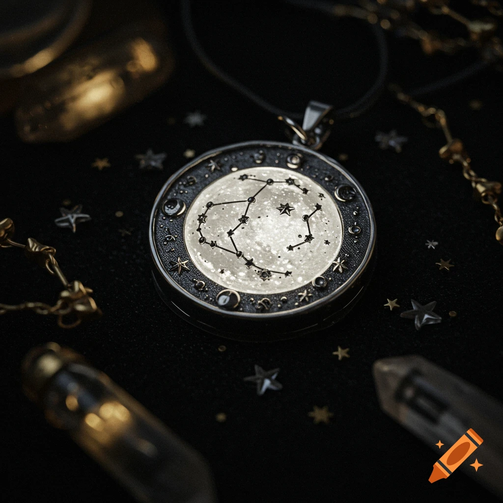 Close-up of a silver amulet depicting a constellation on a glowing moon, on a dark background