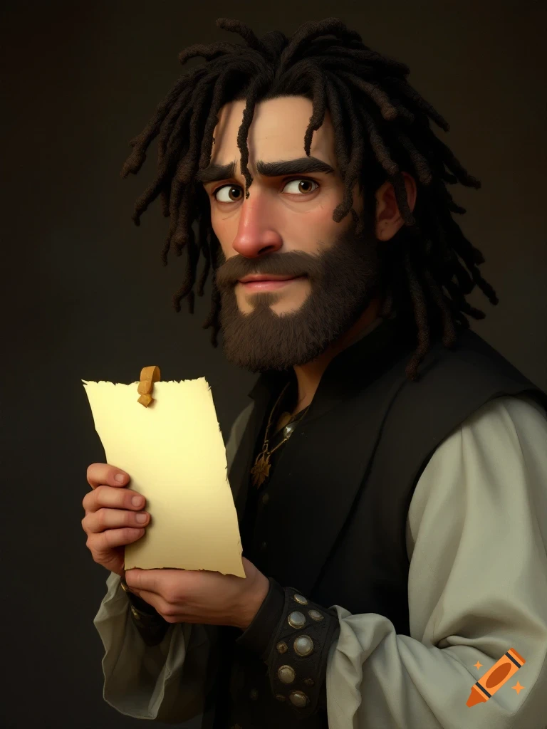 Animated portrait of a man with dreadlocks and beard wearing a vest over a puffy-sleeved shirt, holding a blank piece of paper.