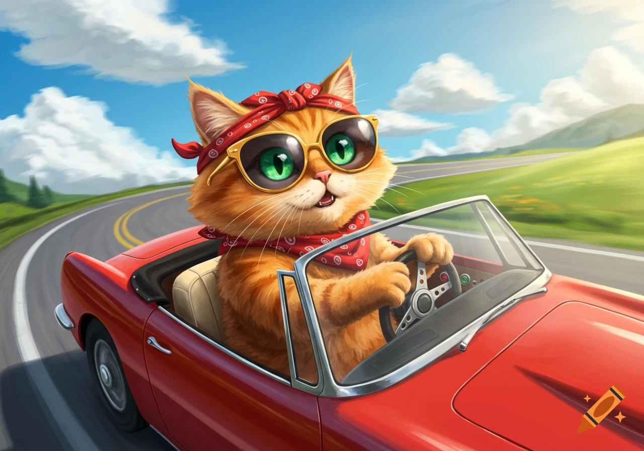 A cartoon orange cat wearing sunglasses and a bandana drives a red convertible on a road.