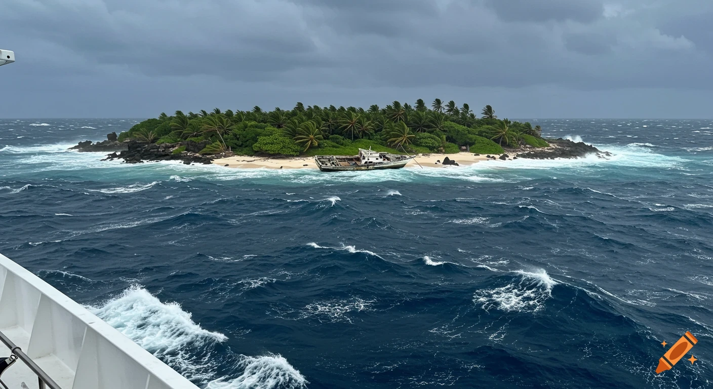 Small tropical island with a shipwreck on the beach, viewed from a boat in a stormy sea.