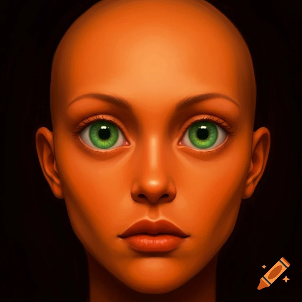 A close-up stylized portrait of a person with orange skin, a bald head, and striking bright green eyes.