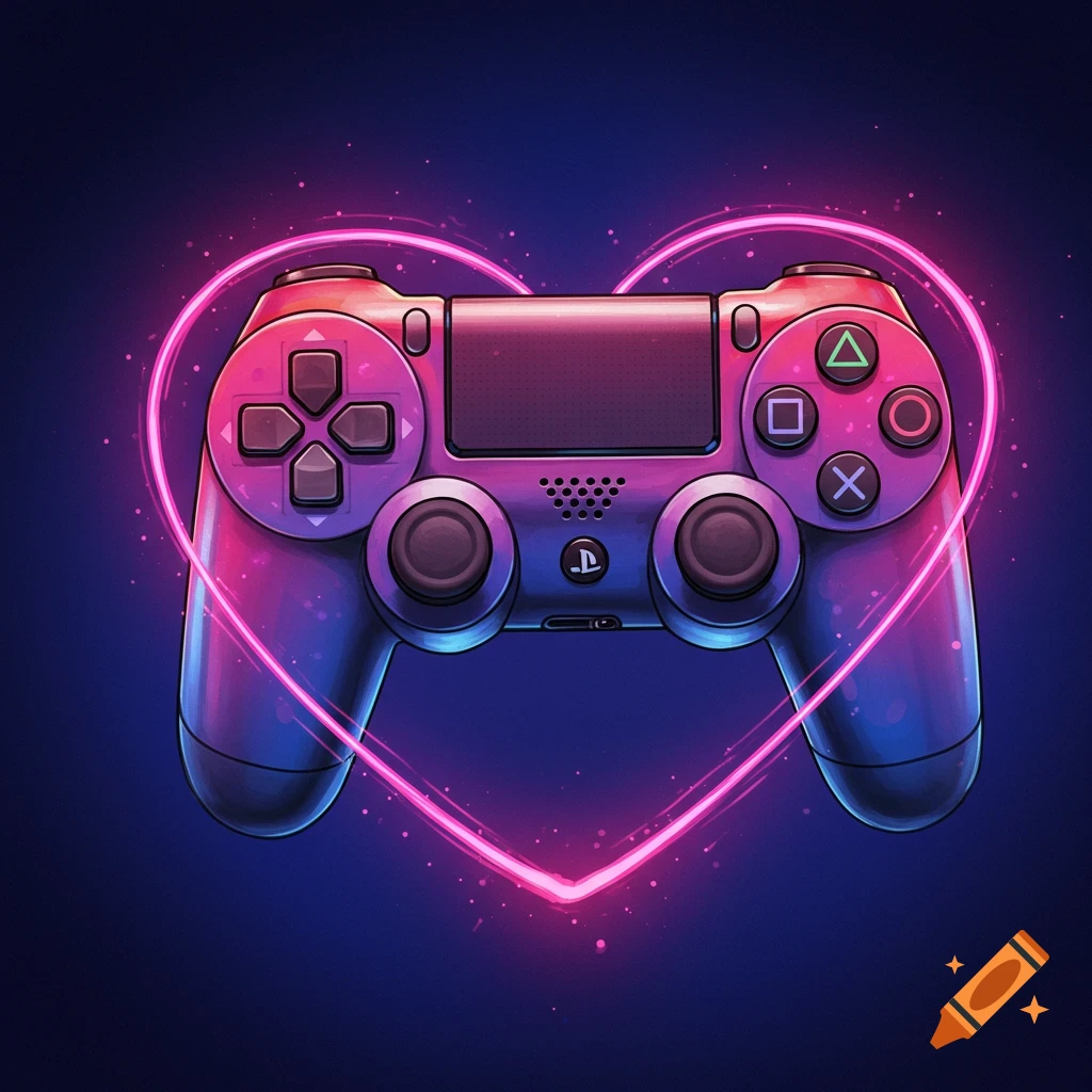 A purple and pink gradient gaming controller outlined by a glowing pink heart.