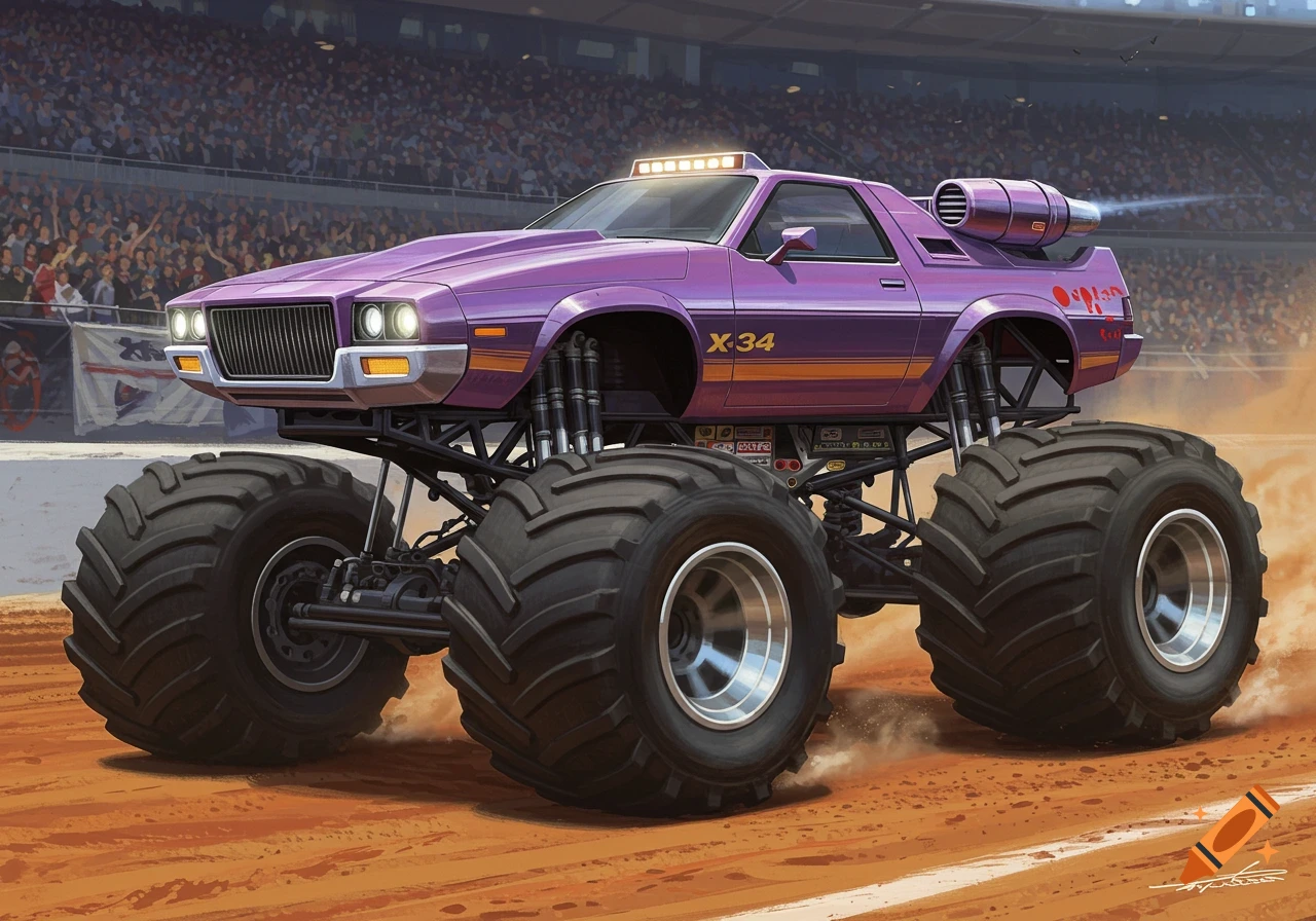 A purple monster truck with the text X-34 on the side sits in a stadium kicking up dirt.