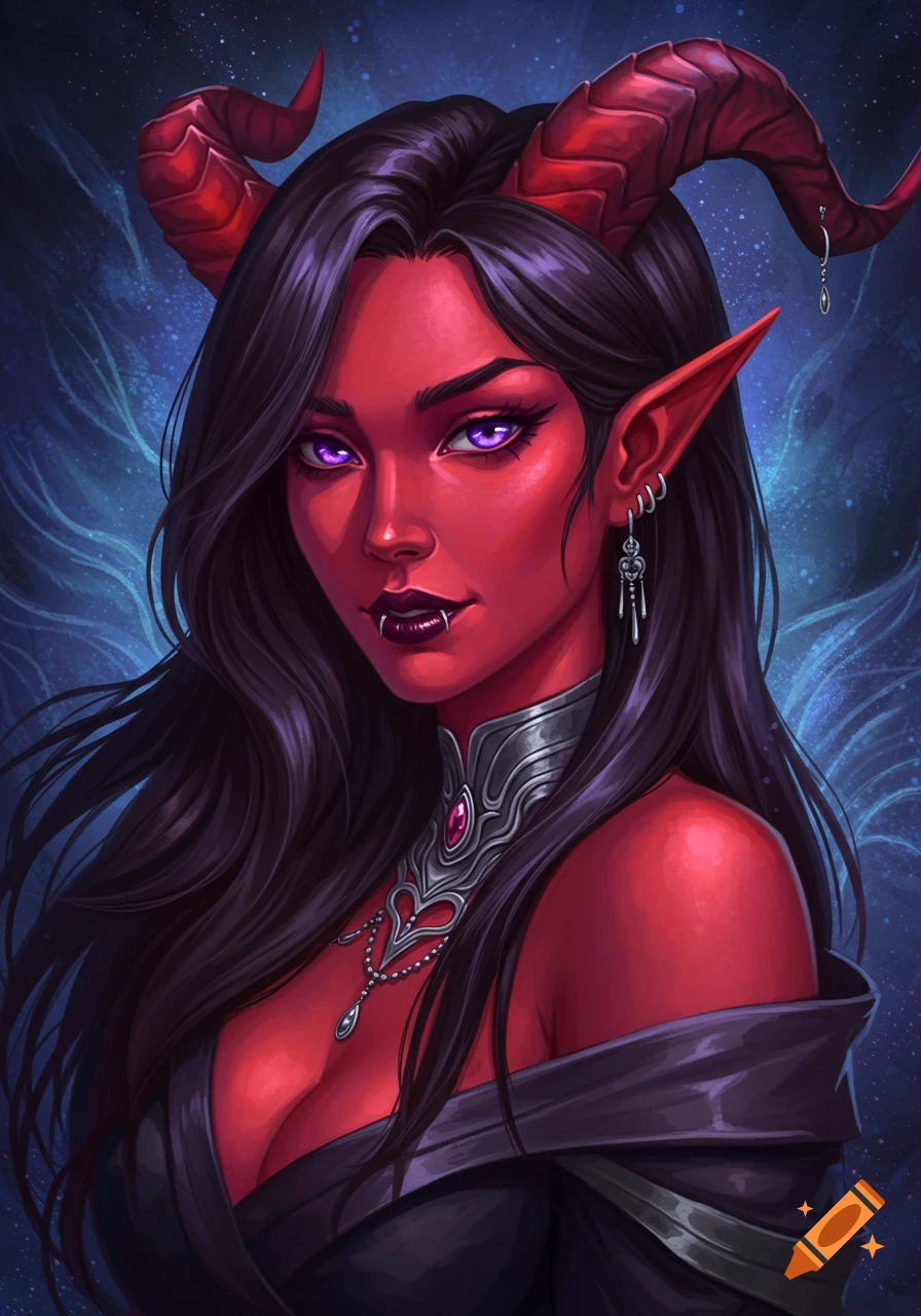 Portrait of a female Tiefling with red skin, purple eyes, and red horns.