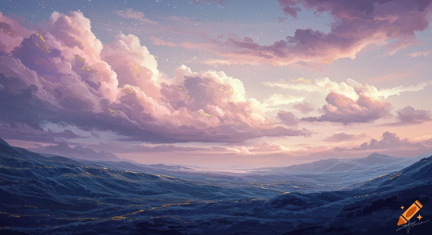Vast ocean under a dramatic sunset sky with large pink and purple clouds and distant mountains.