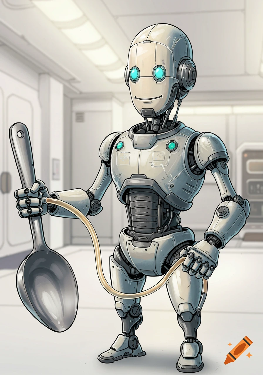 A drawing of a futuristic robot holding a large metal spoon with a tube.