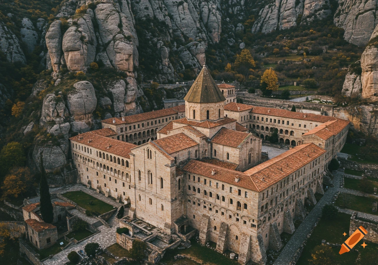An aerial view of a large stone monastery nestled among rocky mountains, with red tile roofs.