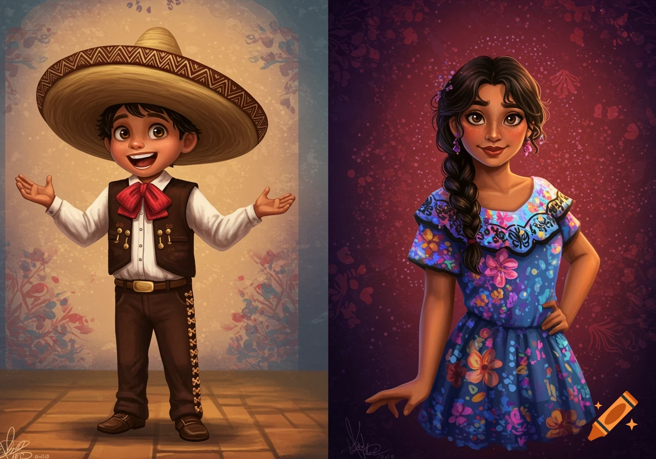 A boy in a sombrero is standing next to a woman in a floral dress.