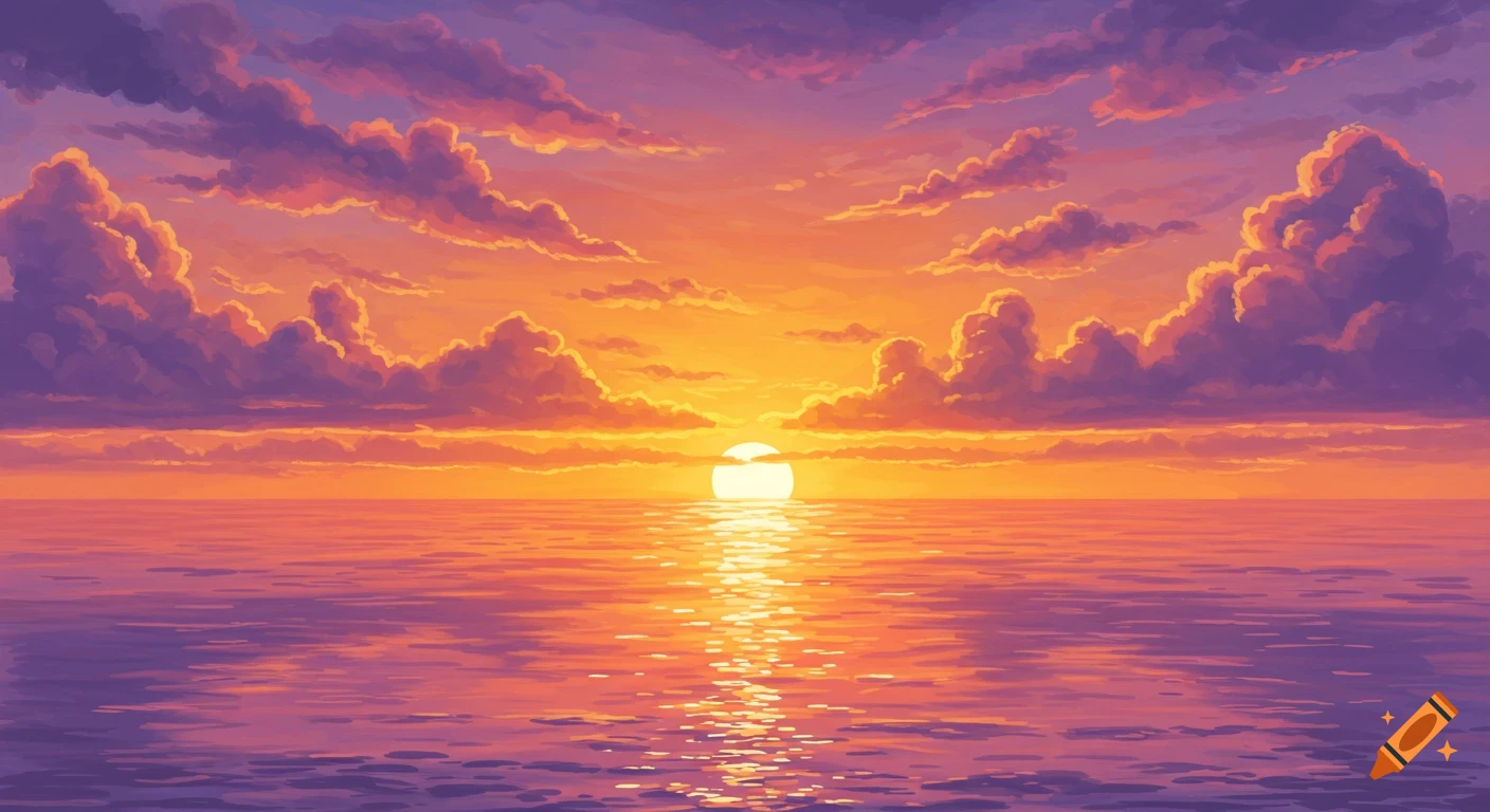 A vibrant sunset over the ocean with colorful clouds.