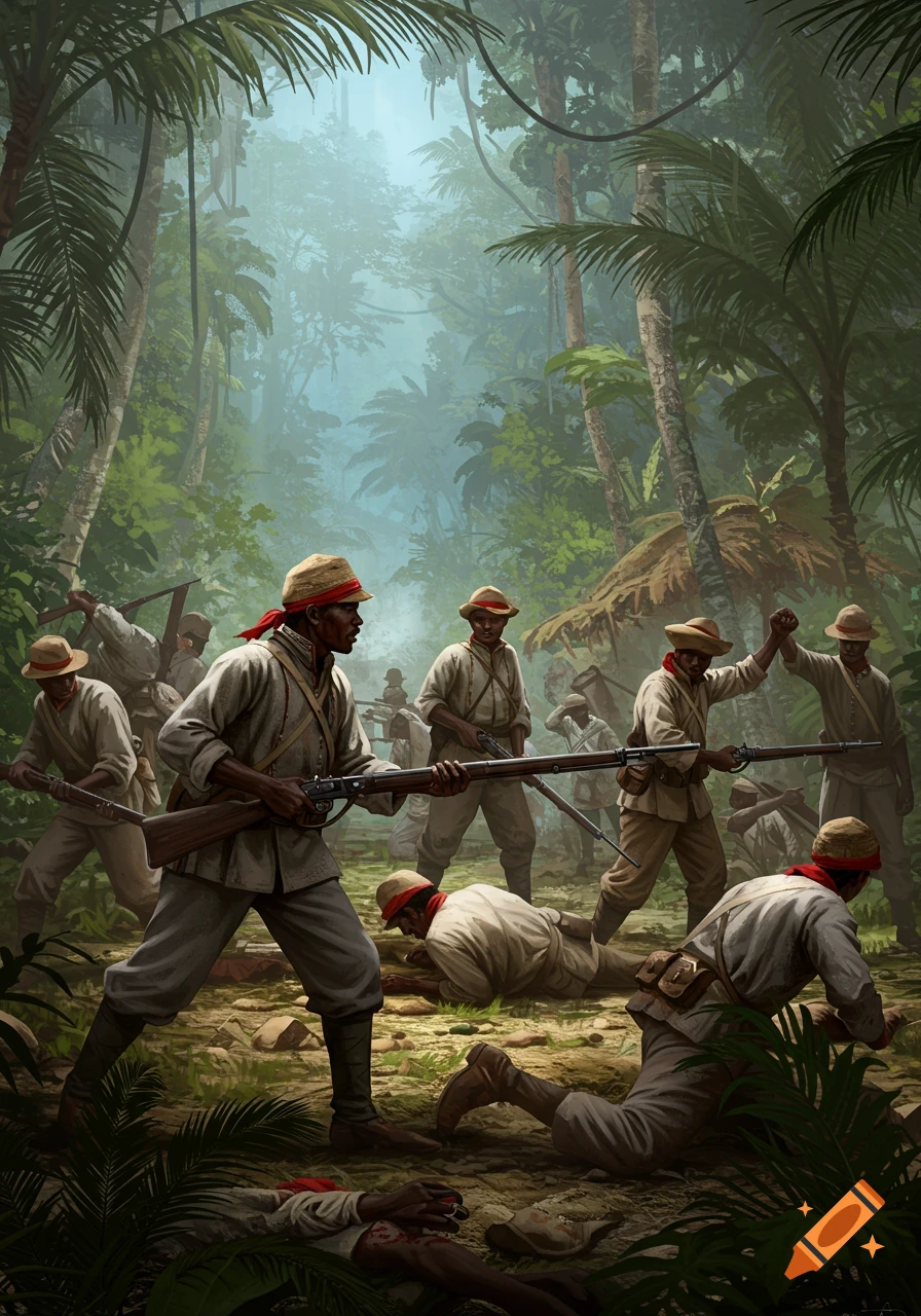 A picture shows soldiers fighting in a dense jungle.