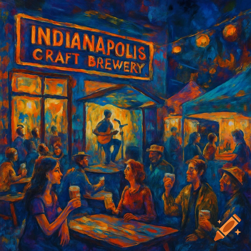 Digital painting of an outdoor brewery at night with live music and people drinking beer.