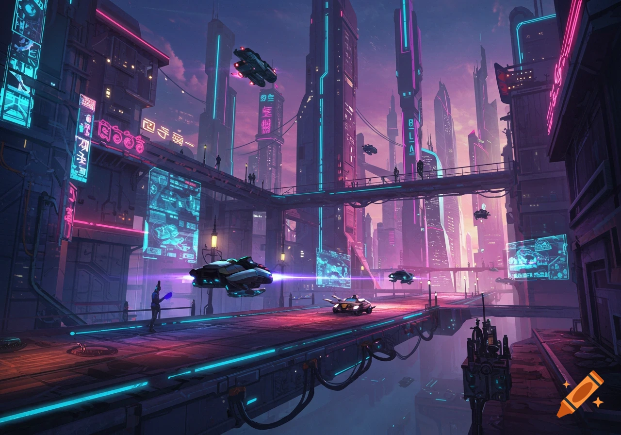 Cyberpunk cityscape at dusk with neon lights, flying cars, and towering buildings