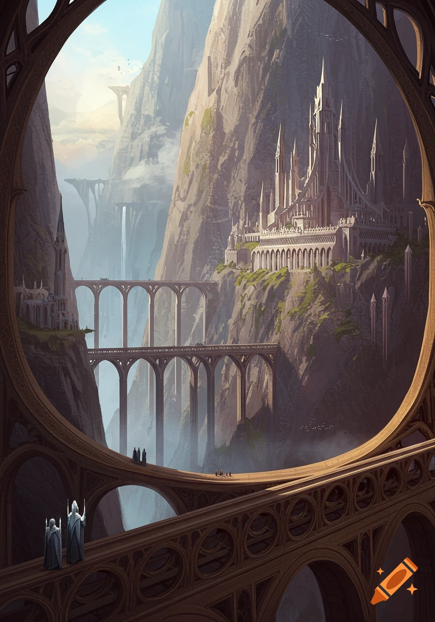 A fantasy city built into mountains with multiple bridges, viewed through an ornate frame.