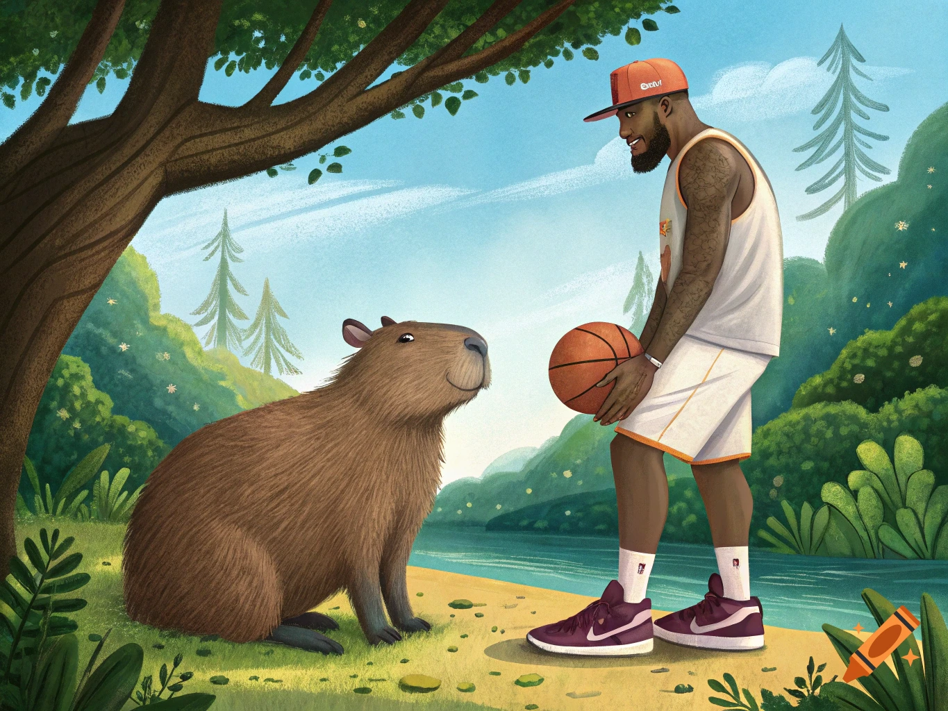 Digital painting of LeBron James holding a basketball next to a capybara by a river.