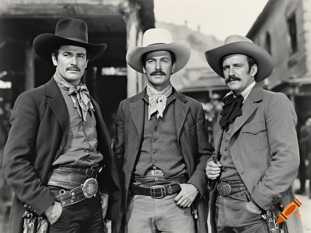 Three men in cowboy hats, jackets, and bandanas stand outdoors in a black and white image styled like an old photograph.