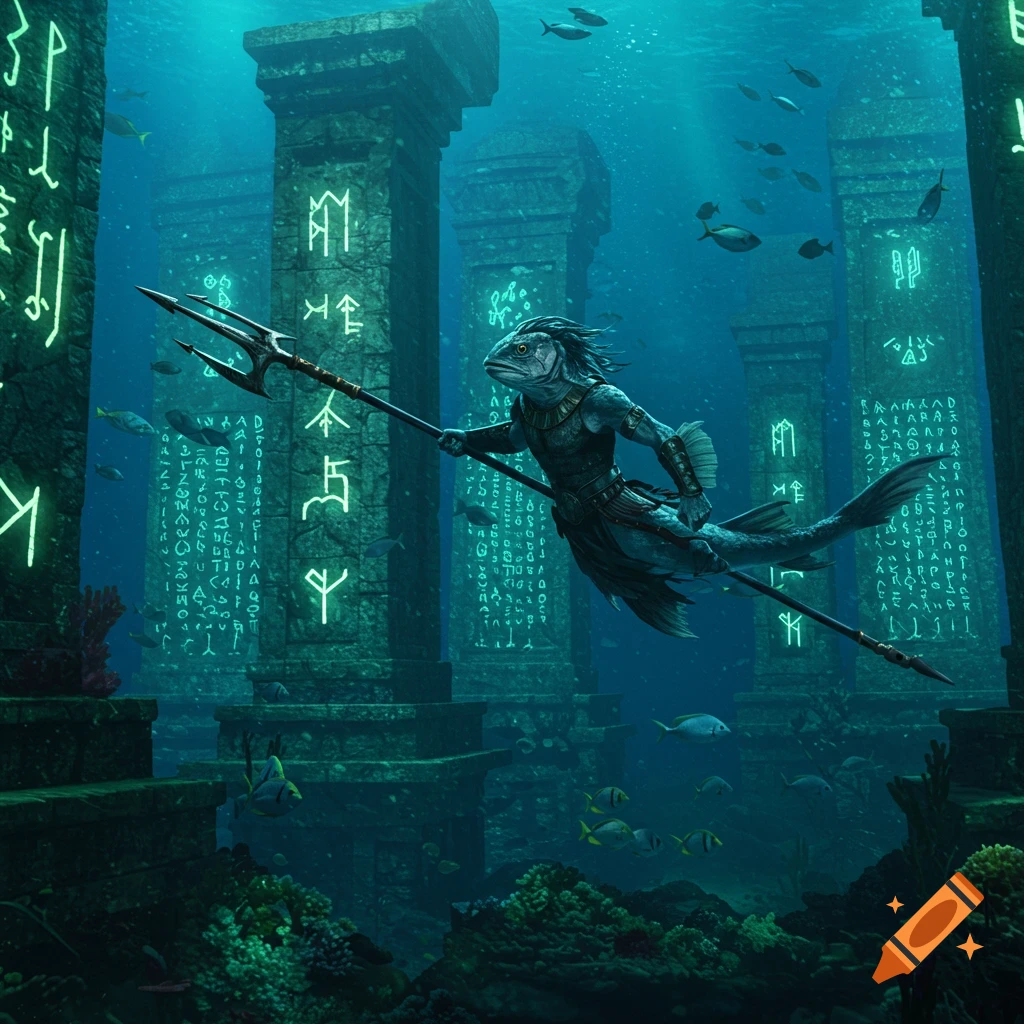 Cinematic underwater scene of a humanoid fish warrior with a trident swimming among ancient ruins covered in glowing runes.