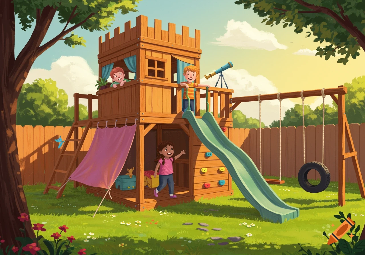 Whimsical image of children playing on a wooden backyard fort with a slide and swing in golden sunlight.