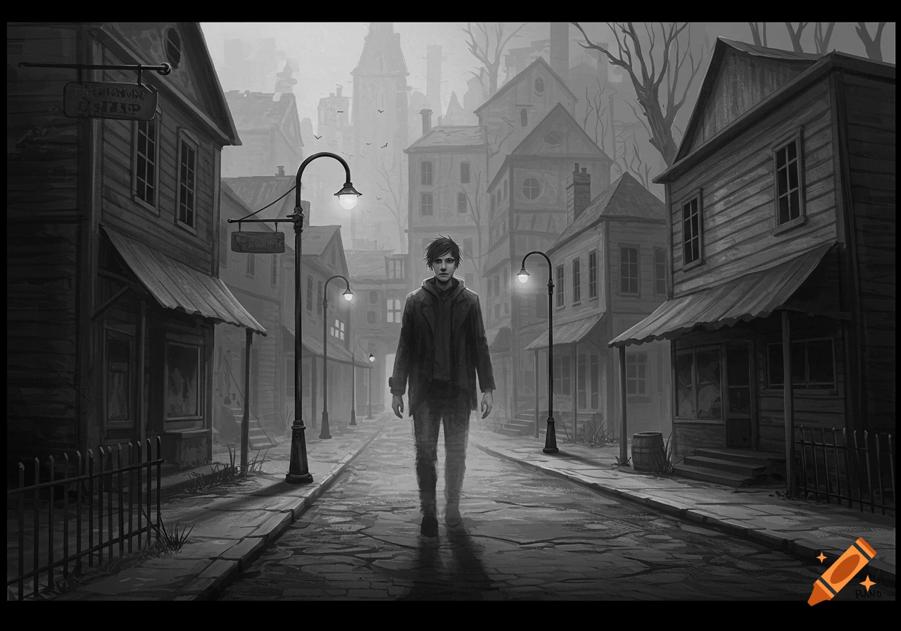 A person stands in the middle of a grayscale street in a mysterious town.