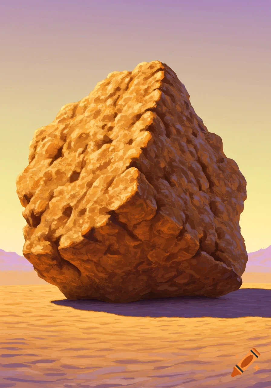 A large cereal crumb boulder sits in a desert landscape.