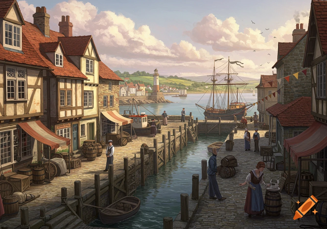An old English coastal town with docks, ships, buildings, and people.