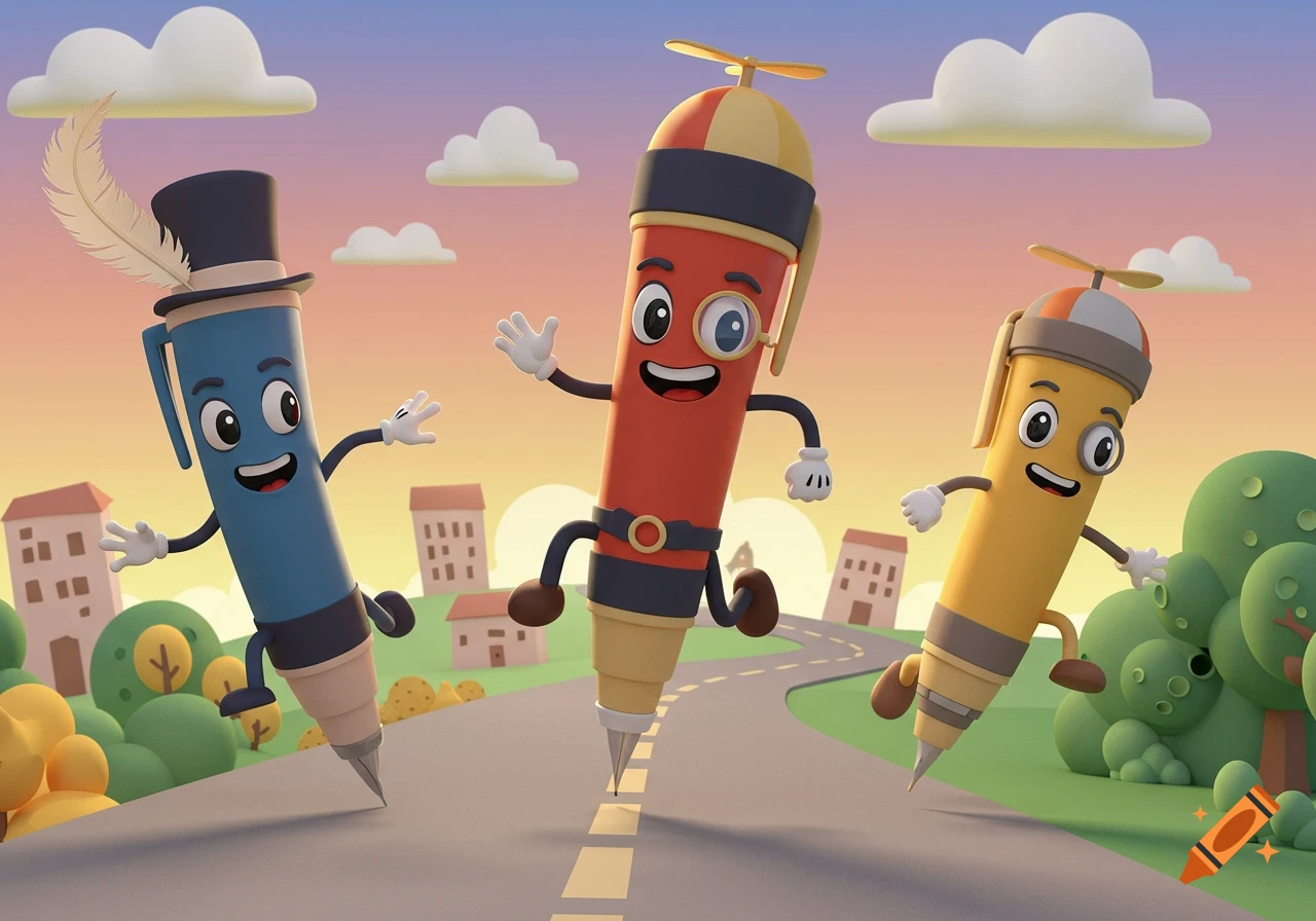 Three cartoon pens running on a road, one wearing a top hat, two with propeller hats.