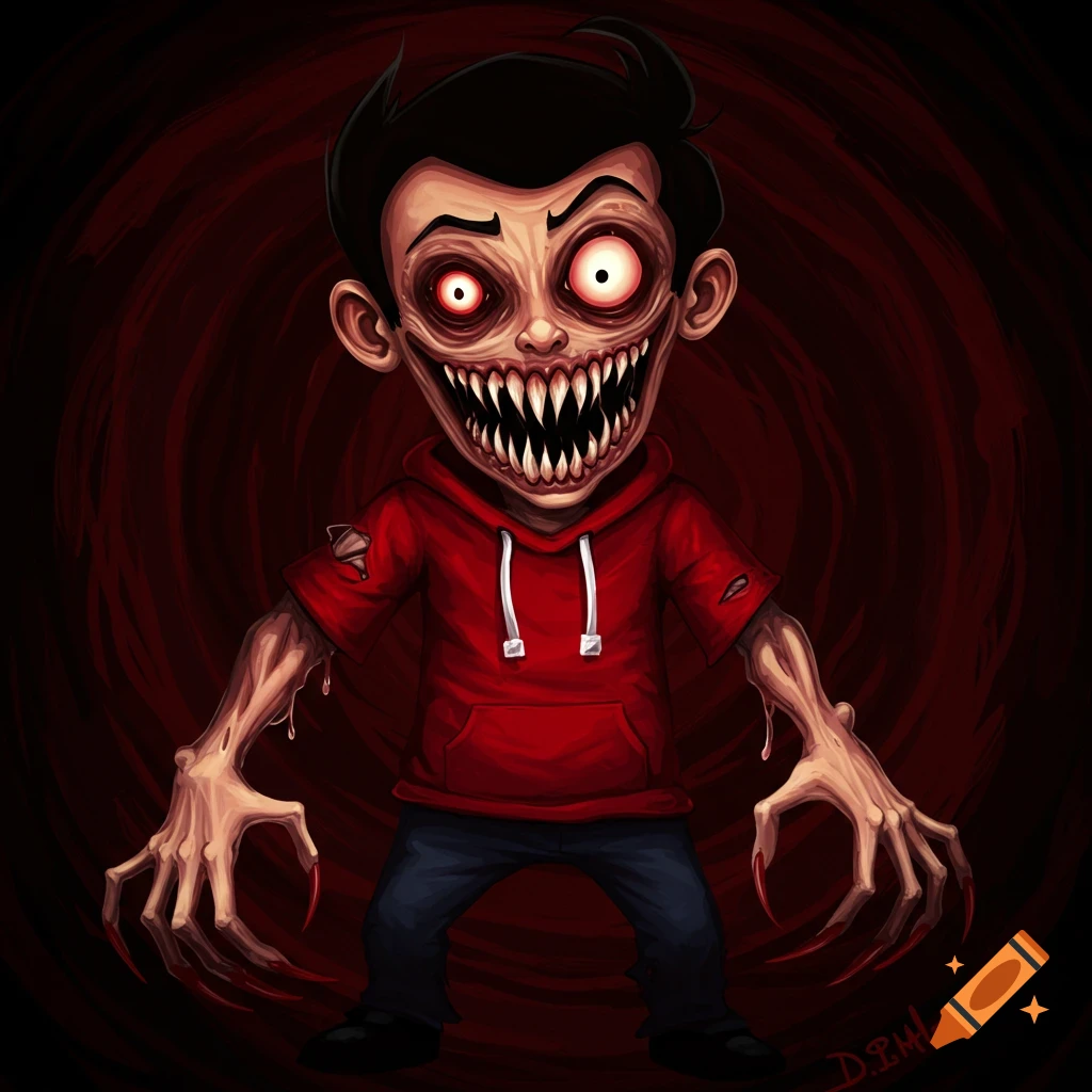 Cartoon style scary monster with sharp teeth and claws wearing a red hoodie.