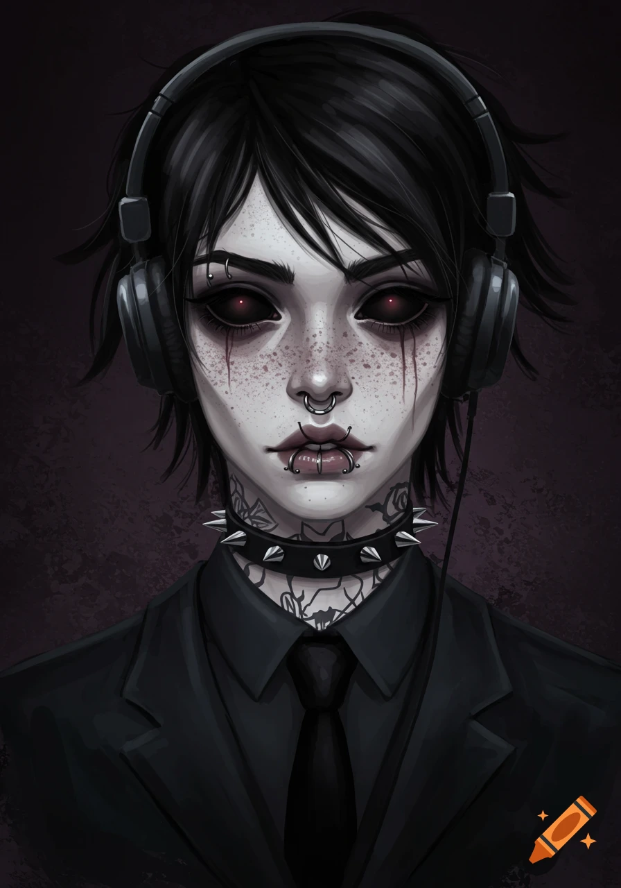 A goth person with dark eyes, piercings, tattoos, headphones, and a suit.