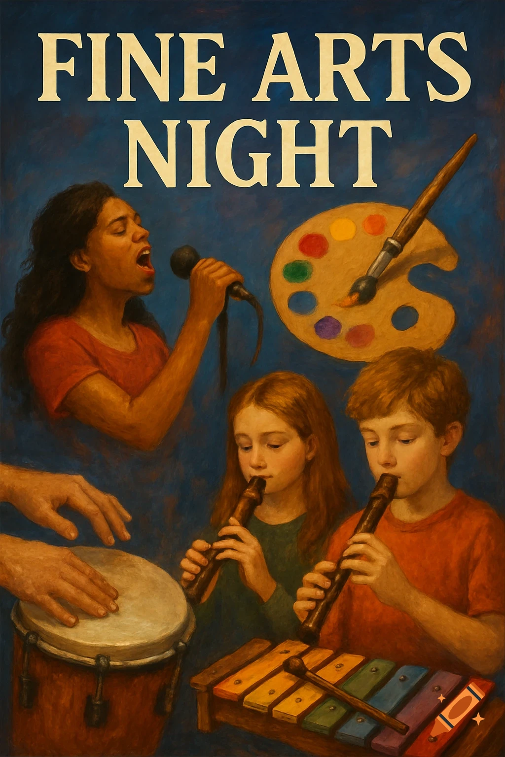 Painting of a poster for Fine Arts Night featuring a singer, children playing instruments, hands on drums, and a paint palette.