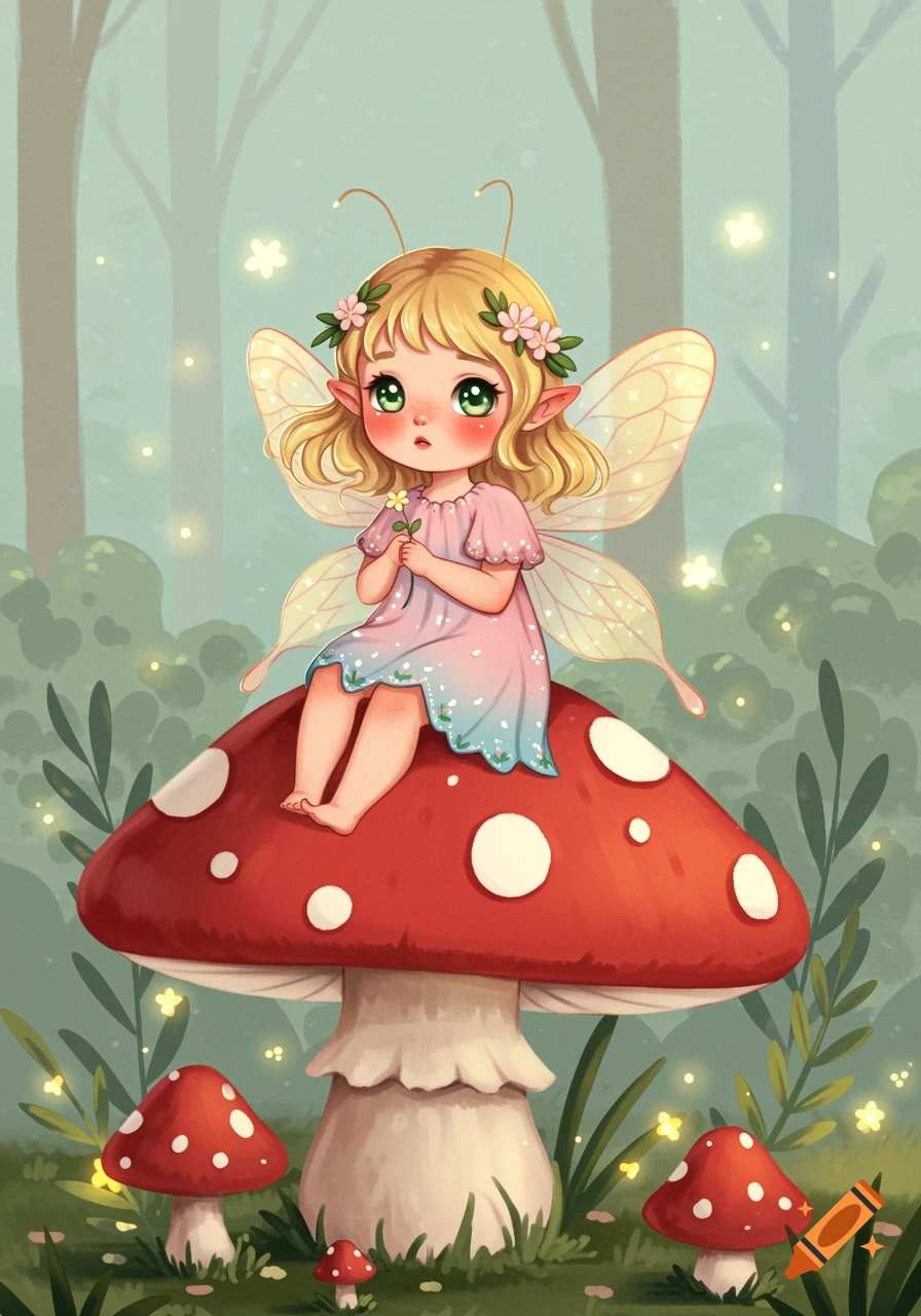 Cute illustration of a fairy sitting on a large red mushroom in a forest.