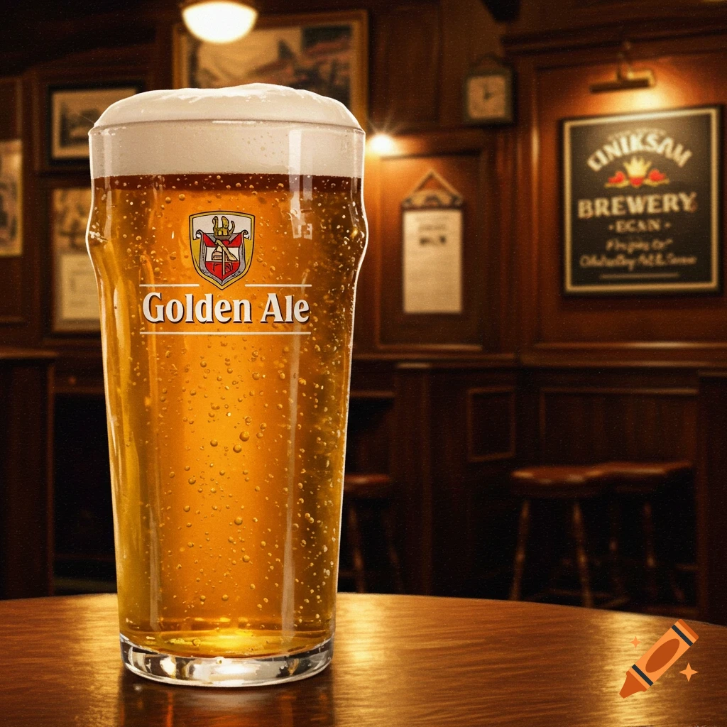 Glass of golden ale on a table in a pub.
