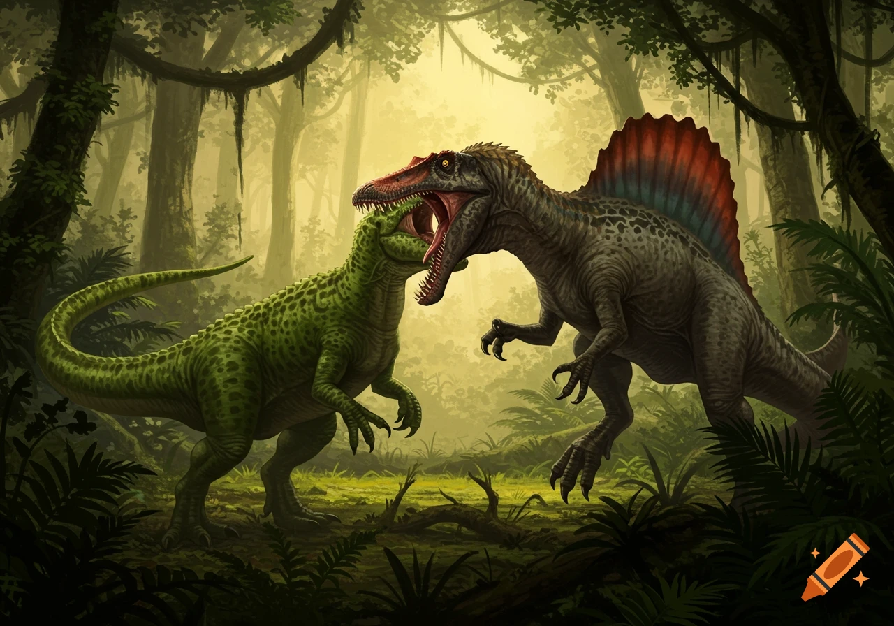 Two dinosaurs, a Spinosaurus and a green dinosaur, fighting in a jungle setting.