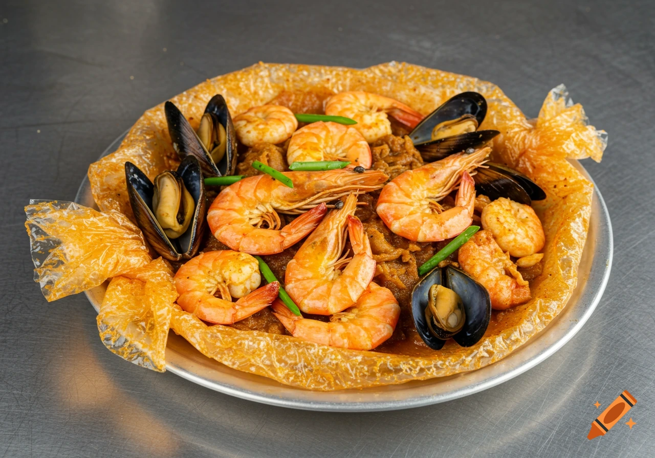 Realistic seafood boil with shrimp, mussels, and scallops in a bag on a metal table.