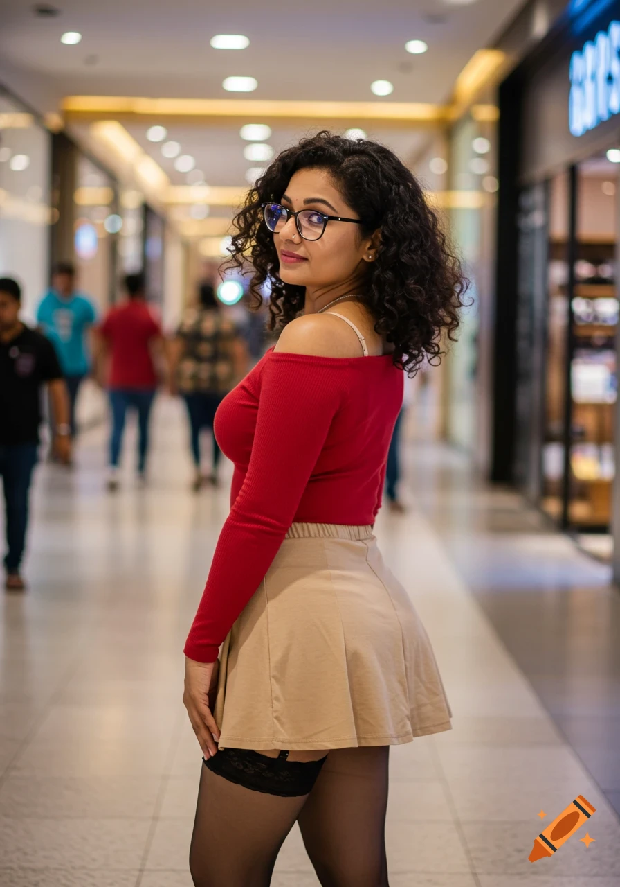 Woman with curly hair and glasses wearing a red top and skirt in a mall.