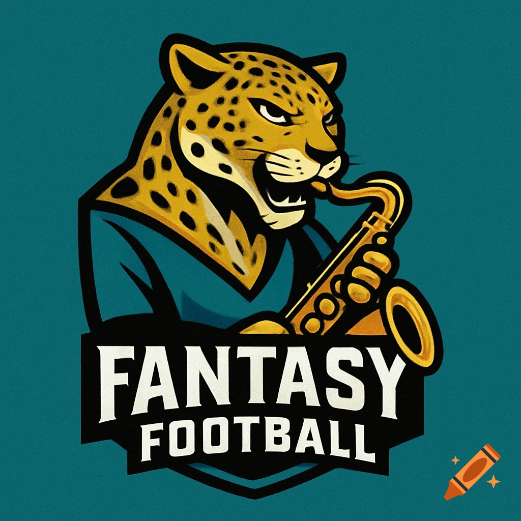 A stylized logo featuring a jaguar playing a saxophone on a teal background with a banner below that reads "FANTASY FOOTBALL".