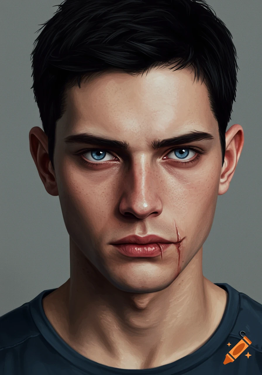 Portrait of a young man with blue eyes and a scar on his face.
