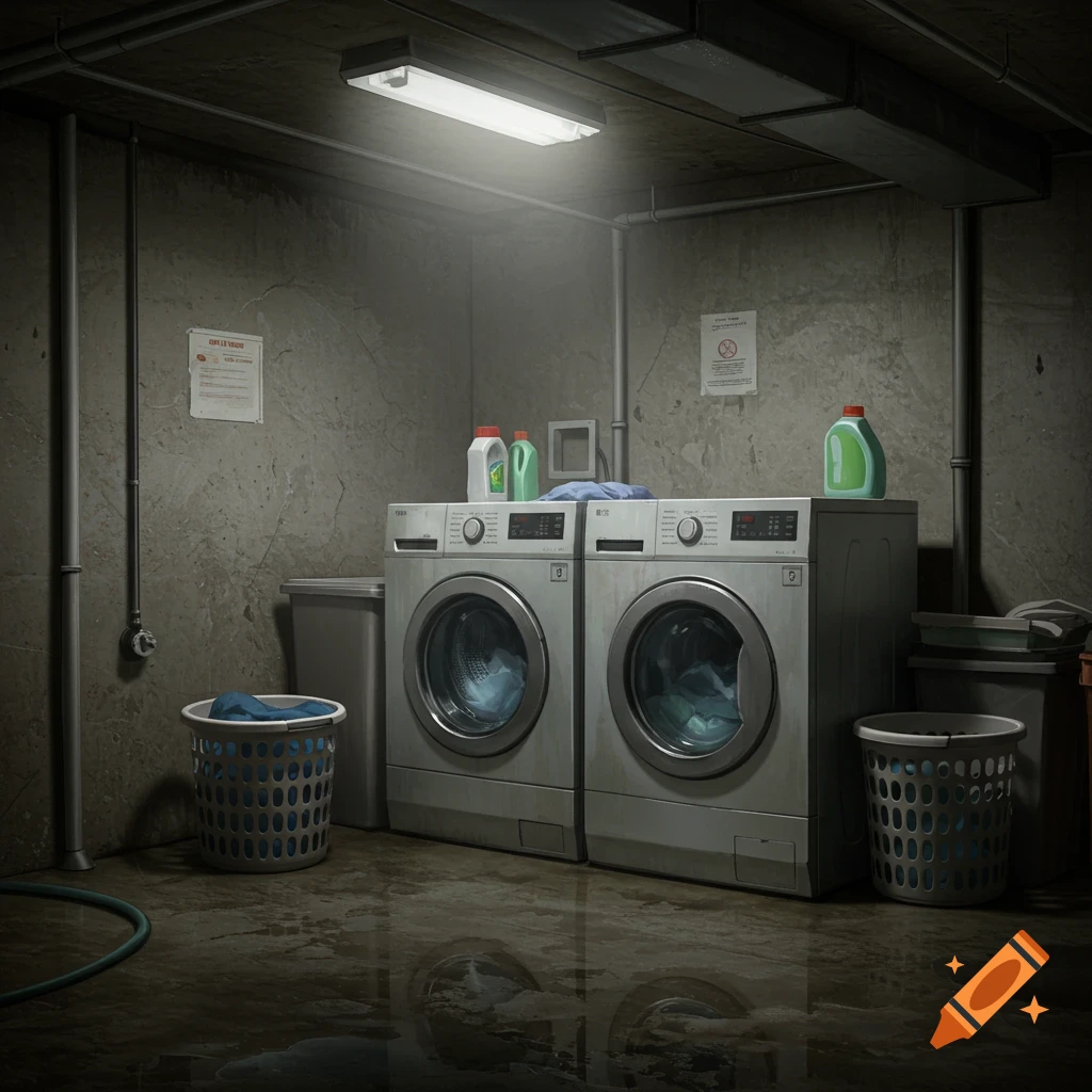 A basement laundry room with two washing machines, laundry baskets, and cleaning supplies.