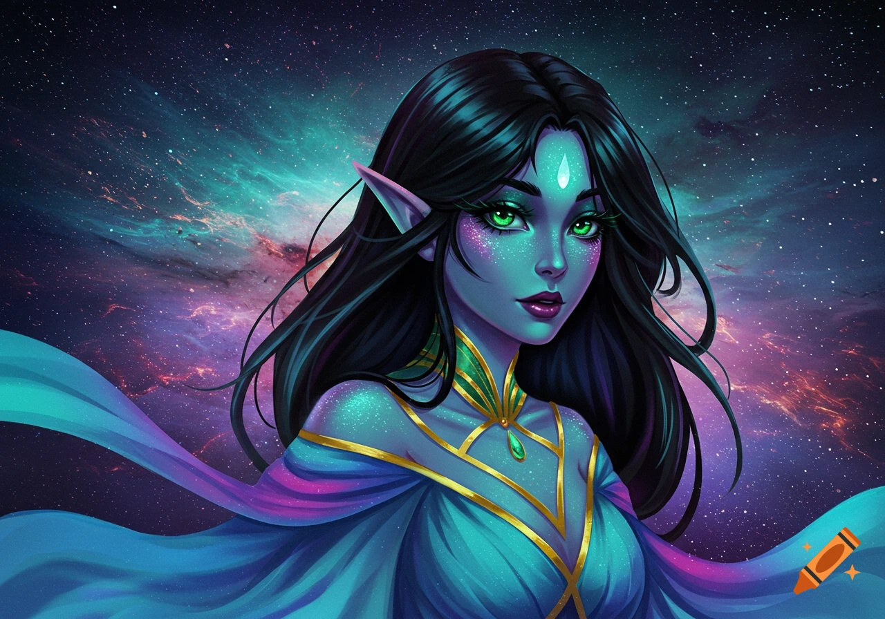 A portrait of a fantasy woman with blue skin, green eyes, and elf ears against a starry nebula background.