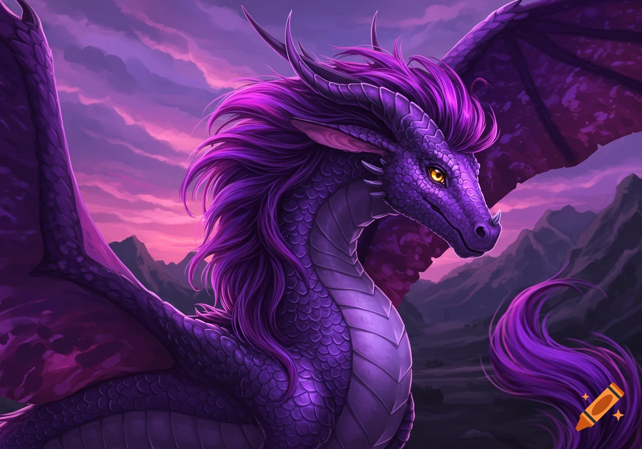 A purple dragon with yellow eyes against a purple and pink sky over mountains.