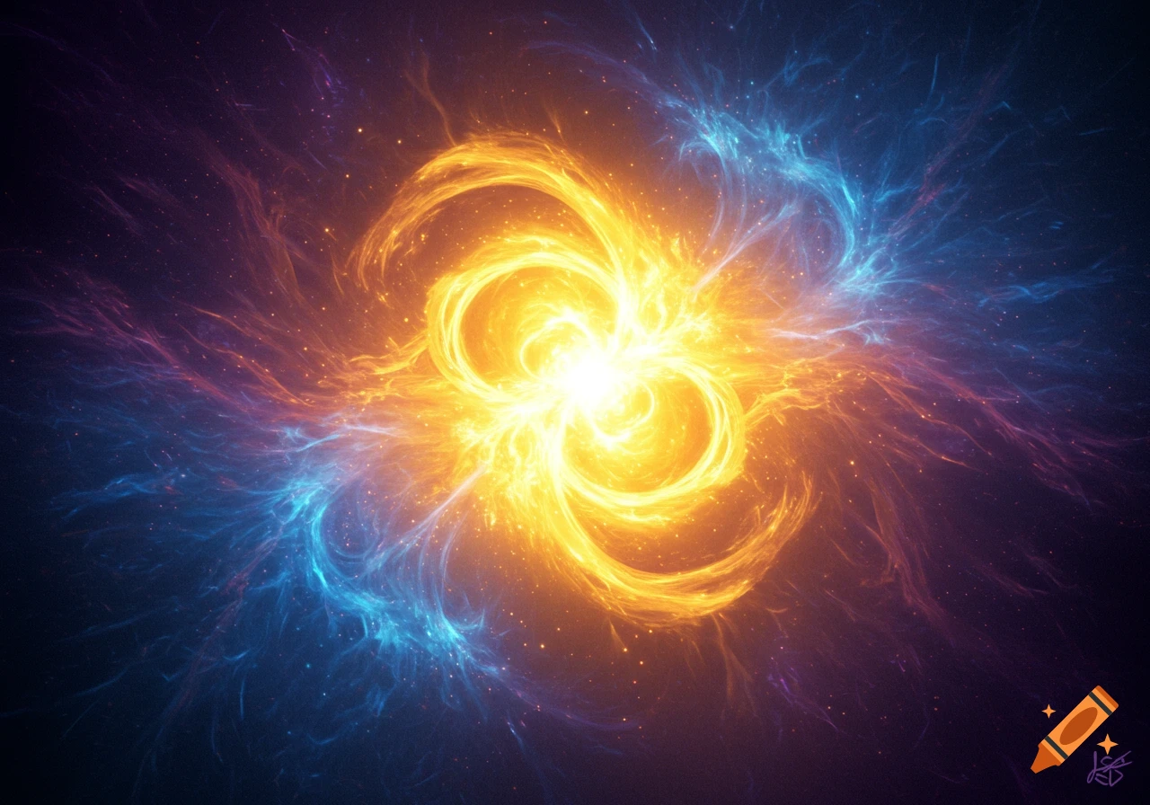 Bright orange and blue energy swirling in space.