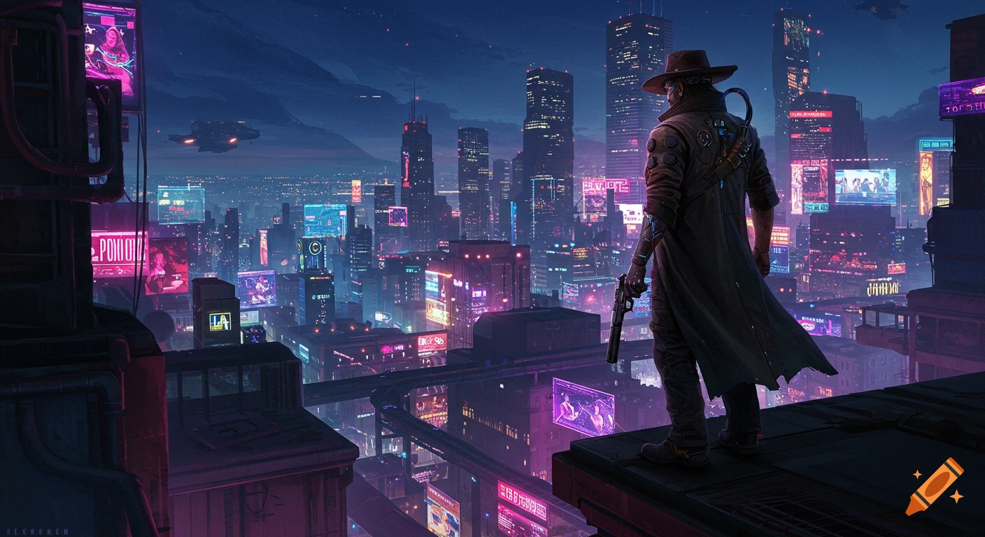A figure in a cowboy hat stands on a rooftop looking at a neon-lit cyberpunk city at night.